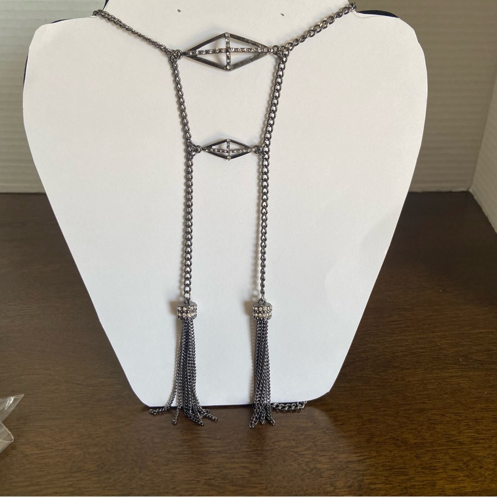 vintage Jennifer Lopez JLo long necklace w/drop pendants, fringe, rhinestones